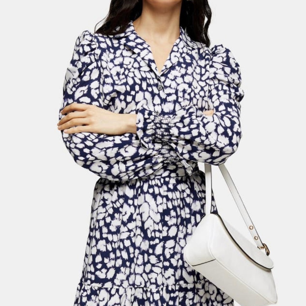 TOPSHOP Abstract Animal Print Puff Sleeve Shirt, Color Navy Multi, Size 2, NWT